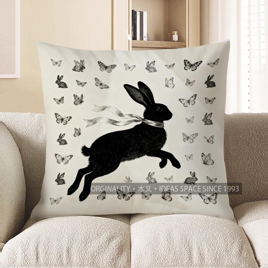 2D Black Rabbit & Butterflies Decorative Pillow Cover Pattern Cushion Cover Suitable For Sofa Bedroom Car Pillow Cover