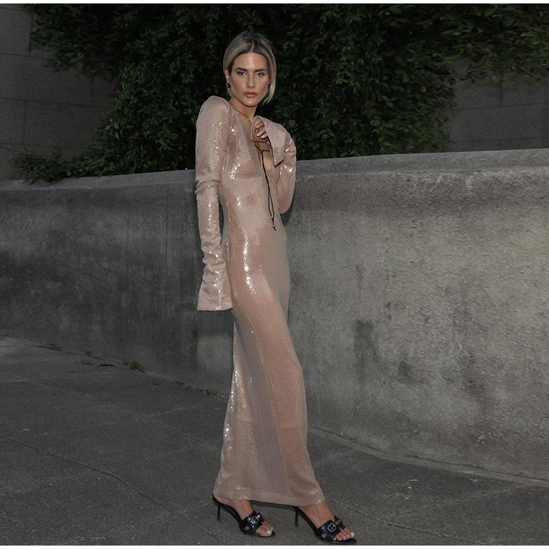 Ladies Women Sexy Long Sleeve Mesh Sequins Midi Split Solid Dress Elegant Evening Club Party Dress