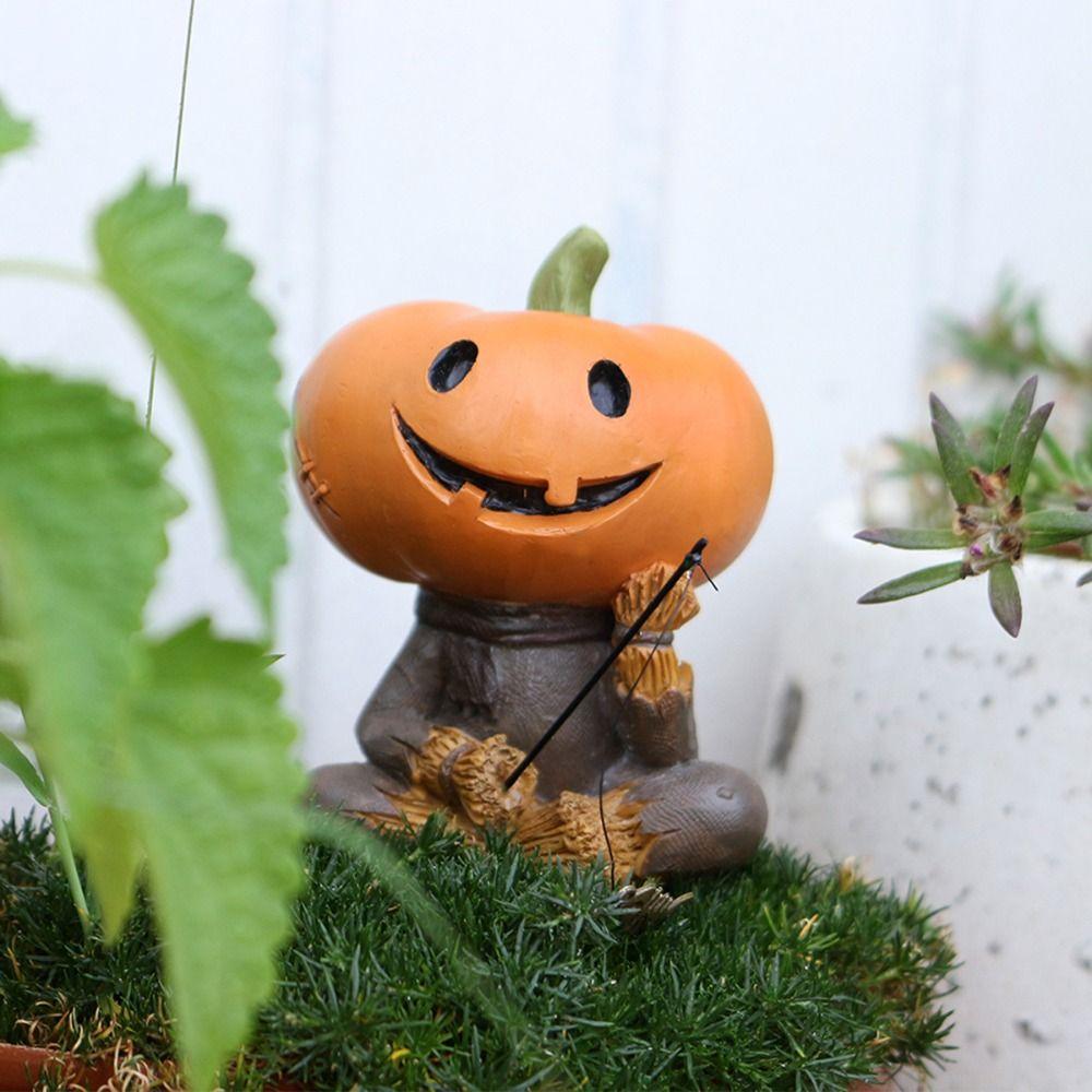 Cartoon Pumpkin Scarecrow Fishing Statue Resin Miniatures Figurine Pumpkin Elf Sculpture Balcony
