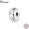 BAMOER 925 Stelring Silver Pink CZ Flower Clip Charm Fit Original Bracelet for Women  Fine Jewelry