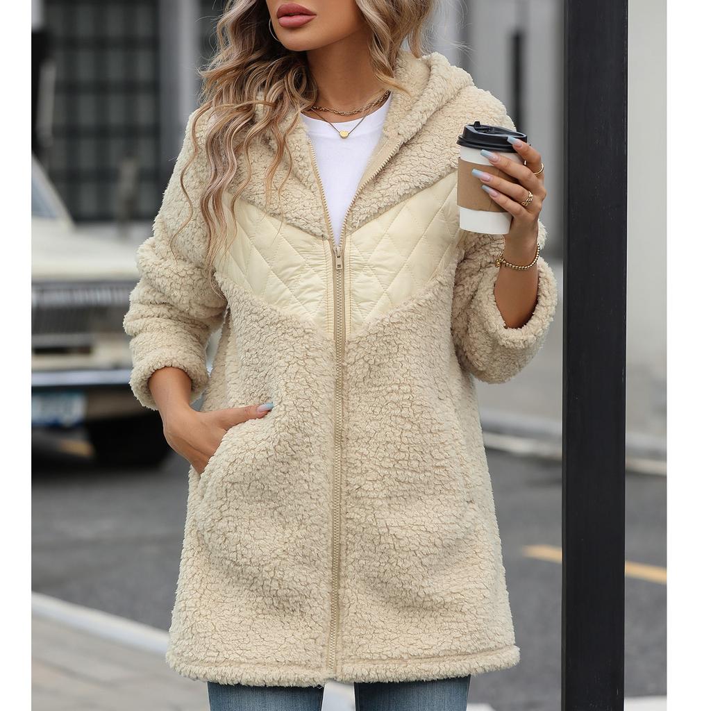 Женская свободная куртка с капюшоном из толстого плюша на молнии в стиле пэчворк на осень и зиму