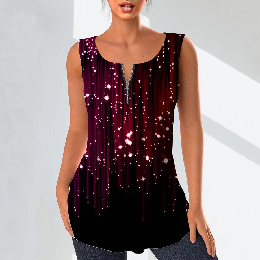 Women's Fashion V Neck Shirts Casual Tops T-shirt Ladies 3D Glowing Point Print Vest Plus Size Sleeveless Blouse Tank Tops