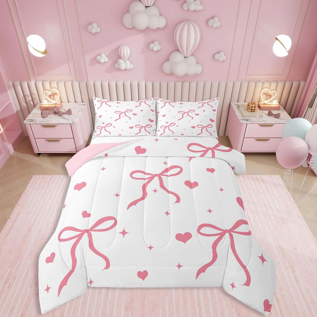 Erosebridal Blue Bow Bedding Set Twin Size - Teen Girl Coquette Bow Comforter Set for Kids Preteen Preppy Trendy Modern Bows Quilt Sets Blue