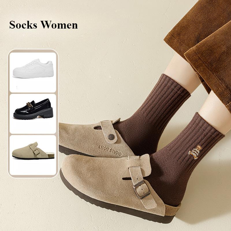 Носки цвета кофе Майяра для женщин, милые носки средней длины с медвежонком, простые носки в стиле колледжа, хлопковые носки