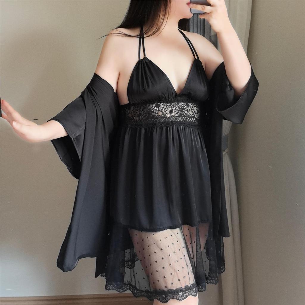 Plus Size Light Luxury Lace Ice Silk Two-Piece Pajama Set with Chest Pads