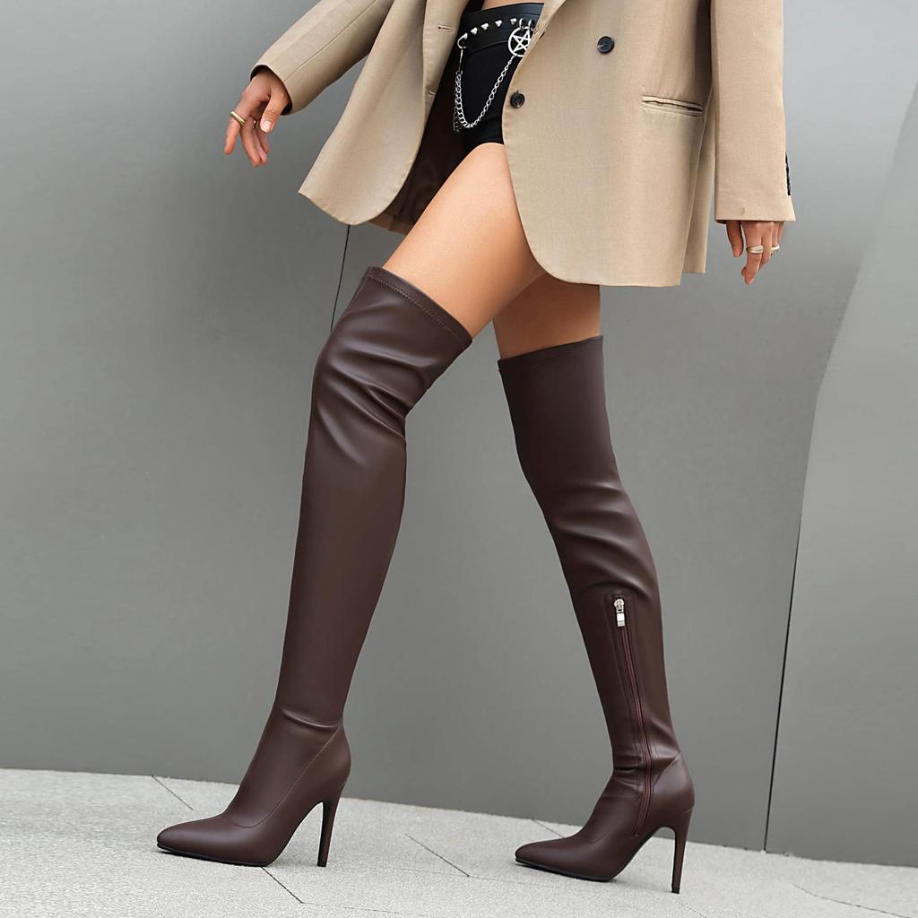 Krazing Pot PU Autumn Winter Shoes Stiletto High Heels Super Size Sexy Stovepipe Boots Pointed Toe Keep Warm Slip On Over-the-knee Boots