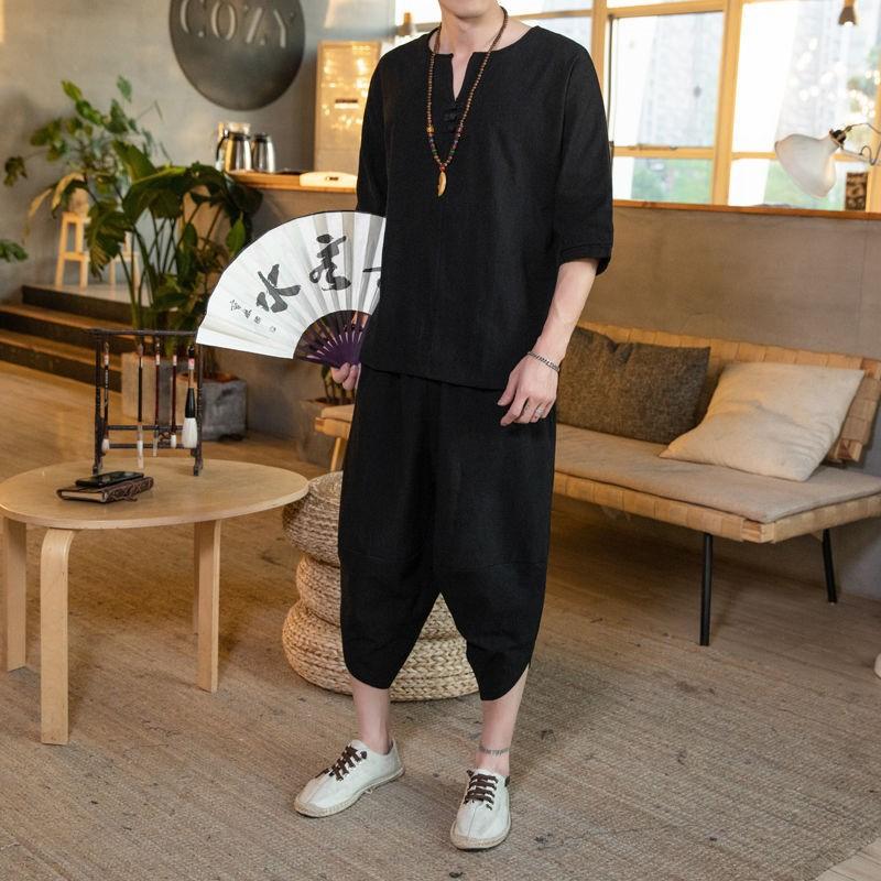 Summer Men's Linen Suit Chinese Style Large Size Loose Cropped Pants Casual Tang Suit Cotton and Linen Two-piece Suit