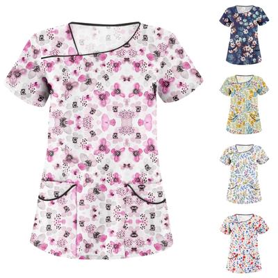Женская рабочая одежда с короткими рукавами и цветочным принтом, верх с двойными карманами