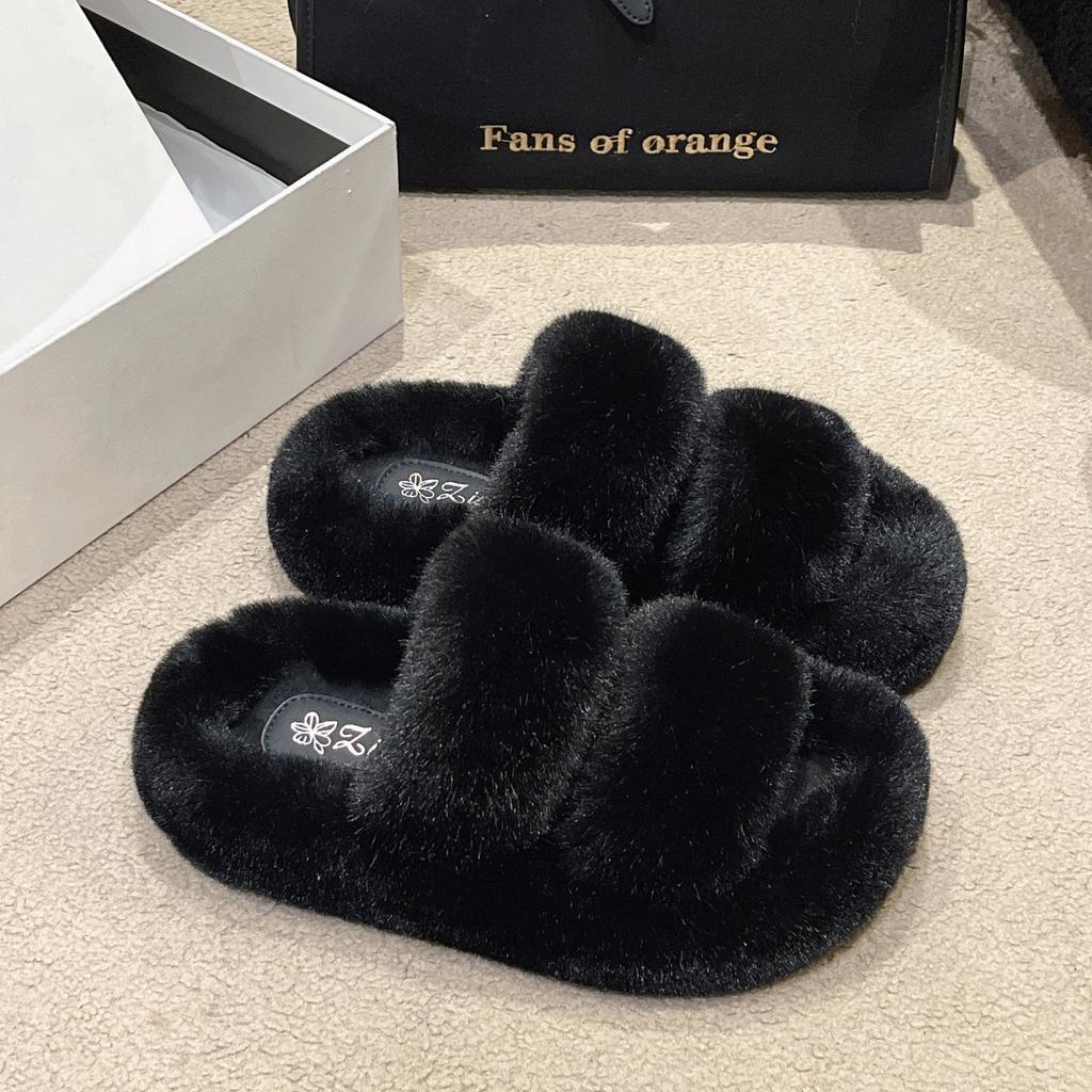 New Color Matching Thick-soled Fluffy Slippers Women's Casual Parallel Bars Fluffy Shoes Fashion Home Wear Cotton Slippers Women