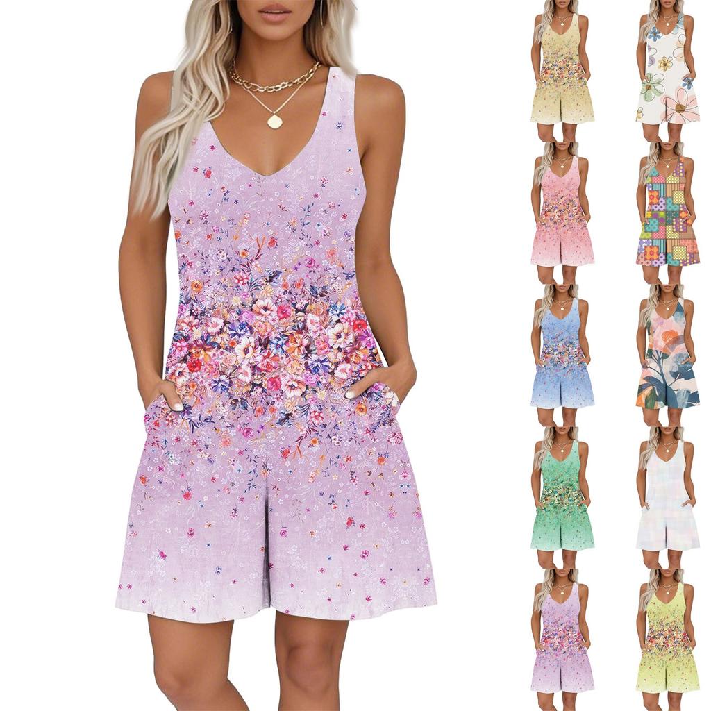 Women's V-neck Printed Sleeveless Jumpsuit Spring And Summer Casual Jumpsuit Shorts