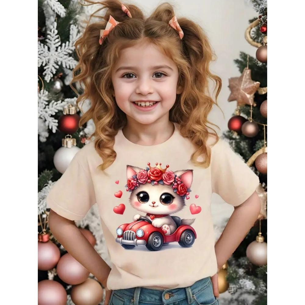 Одежда для девочек Каваий Принт с котиком Летние топы с коротким рукавом Повседневная модная футболка Уличная легкая детская одежда