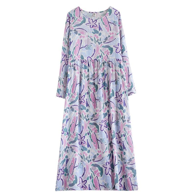 Осеннее литературное платье больших размеров из хлопка и льна с принтом, круглым вырезом и длинными рукавами для женщин, платья