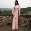 Yousheng Women Evening Dress Pleated Knot Decor Slim Fit Round Neck Back Zipper Closure Full Length Wedding Party Prom Maxi Dress