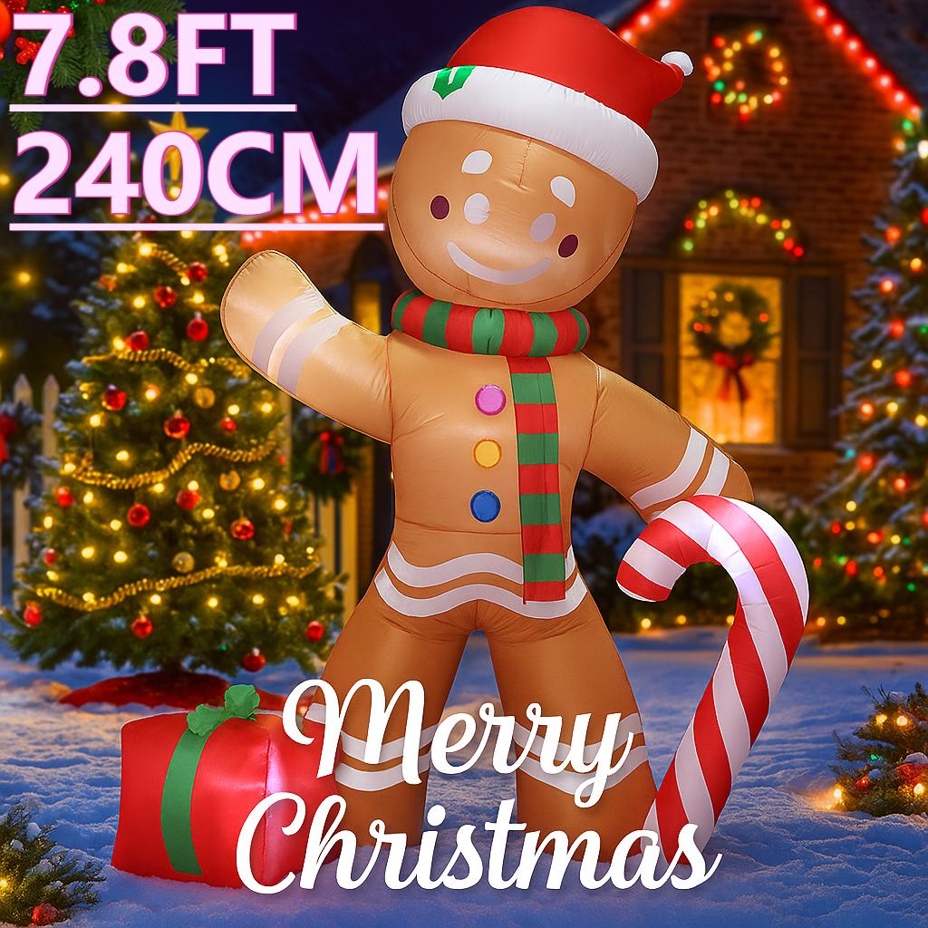 7.8FT LED Inflatable Yard Decoration Gingerbread Man Candy Cane Gift Xmas Home Decor Ornaments Supplie Gift Toy Christma Holiday