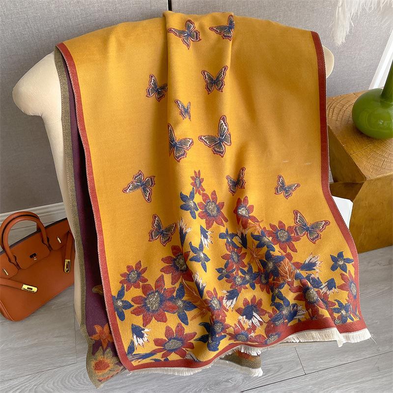 Elegant Celebrity Butterfly Flower Print Scarf Women's Thickened Warm Imitation Cashmere Scarf Double-sided Versatile Shawl