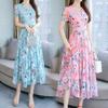 Summer Women Dress Waist Tight Short Sleeve Floral Print Midi Dress Streetwear for Party