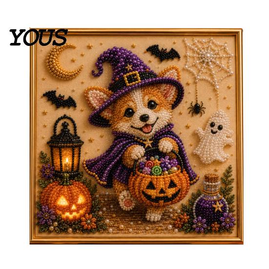 Набор для рисования жемчугом Resin Bead Painting Set Хэллоуин Набор с искусственным жемчугом, Щенячье искусство DIY Ведьма Расслабляющие проекты для эмоций Шляпа Набор для рукоделия Взрослые и подростки, Ручная работа