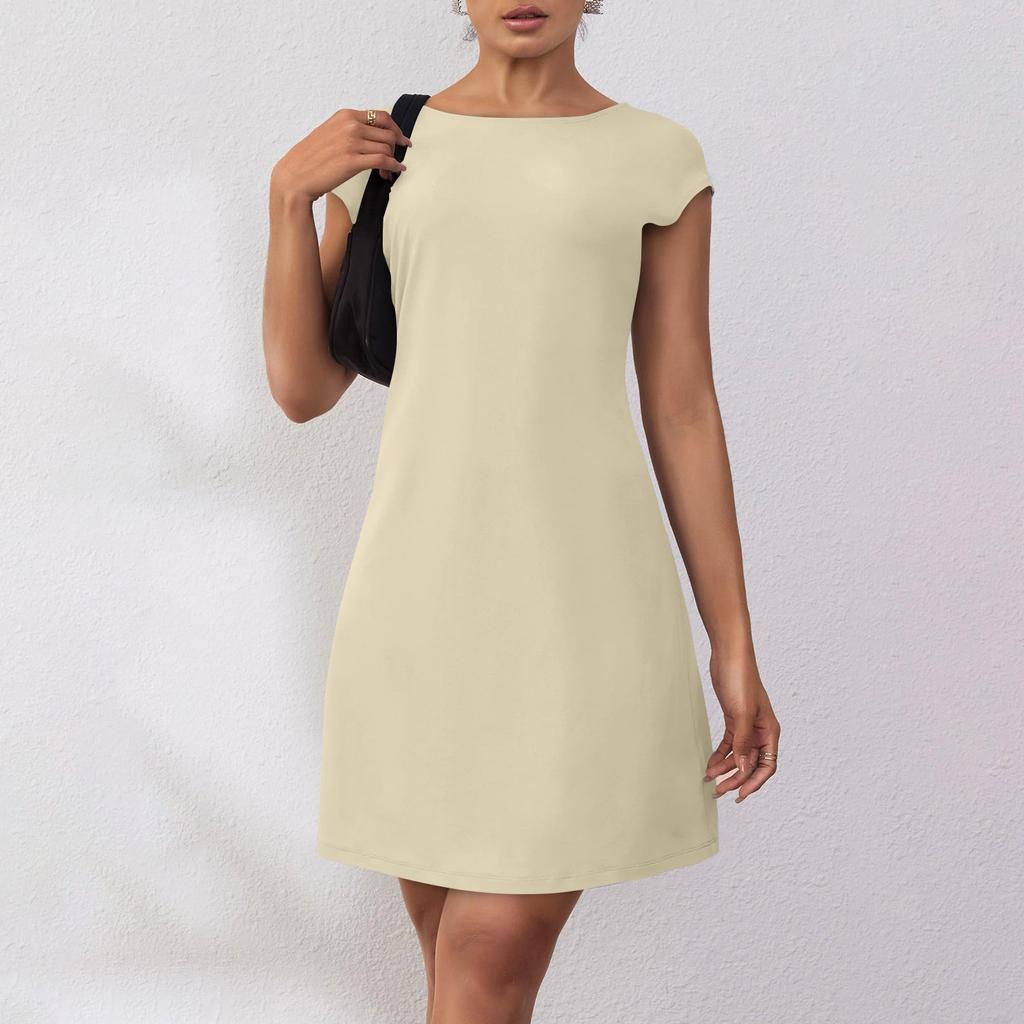 Женское летнее повседневное платье-футболка с открытой спиной и короткими рукавами, вечерние платья с круглым вырезом