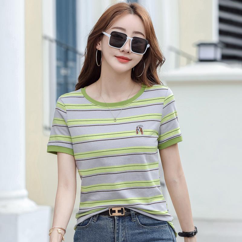 Летние хлопковые свободные футболки с короткими рукавами, женские топы в полоску