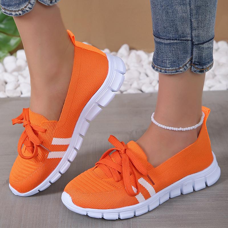 Fashion Mesh Knitted Striped Flats Shoes for Women 2024 Summer Lace Up Casual Sneakers Woman Breathable Soft Sole Loafers Plus Size 43