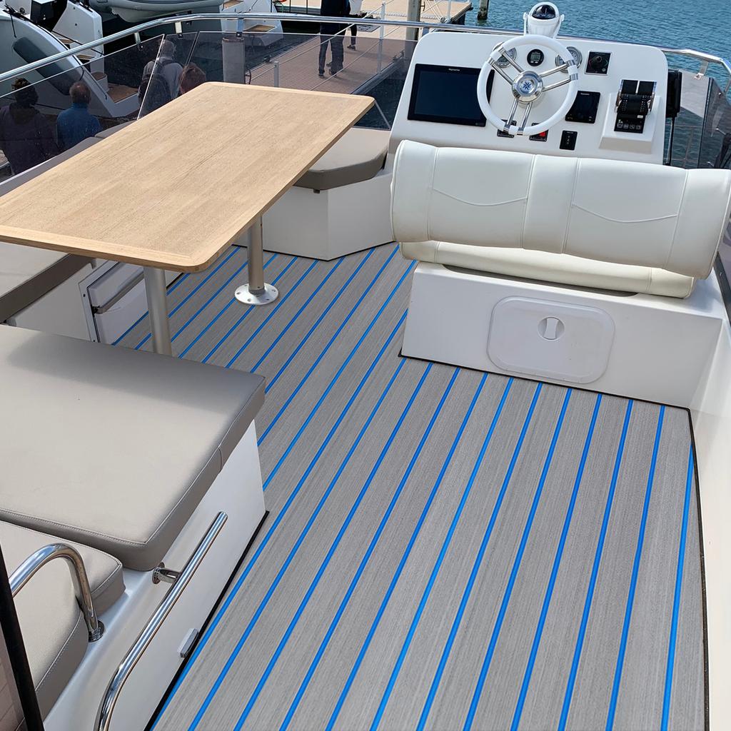 Non-Slip Self-Adhesive EVA Foam Decking Sheet, 240x60cm (95"x24"), Gray Blue Stripe Faux Teak Marine Mat for Boat Floor, Yacht