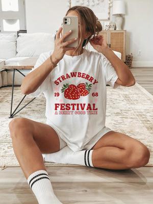 Strawberry Print Crew Neck TShirt Cotton Tshirt WomenS Vintage Style Printed T Shirt Round Neck Short Sleeve Top Tee