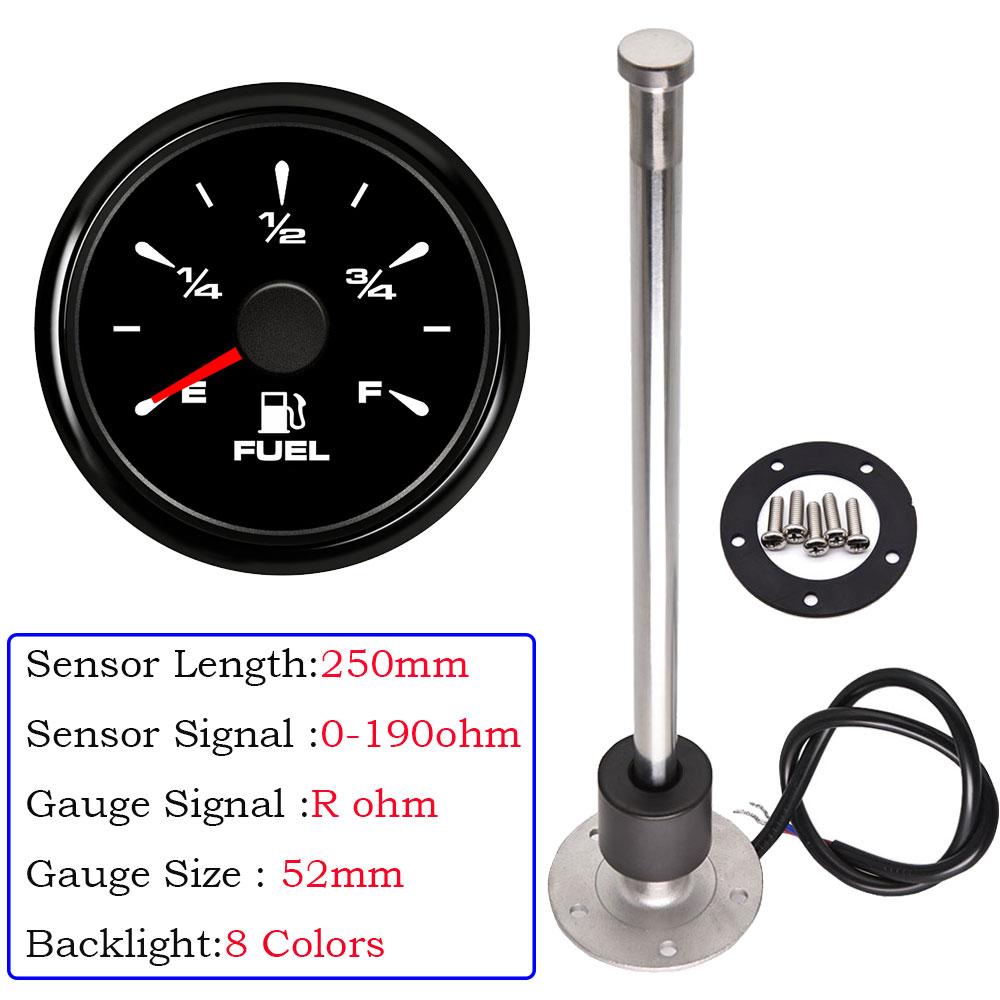Waterproof 52mm Car Boat Fuel Gauge with 8 Colors Backlight for 0~190 ohm Fuel Level Sensor for Boat Car Truck RV Customized
