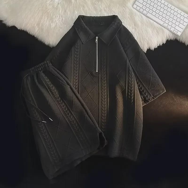Men's Summer Waffle Polo Shirt & Shorts Set - Trendy, Loose-Fit Short-Sleeved Top and Pants Suit