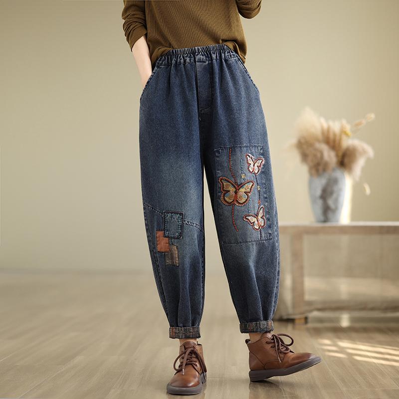 Fashion Butterfly Embroidery Women's Vintage Patchwork Denim Pants Elastic Waist Casual Loose Jeans Ankle Length Harem Trouser