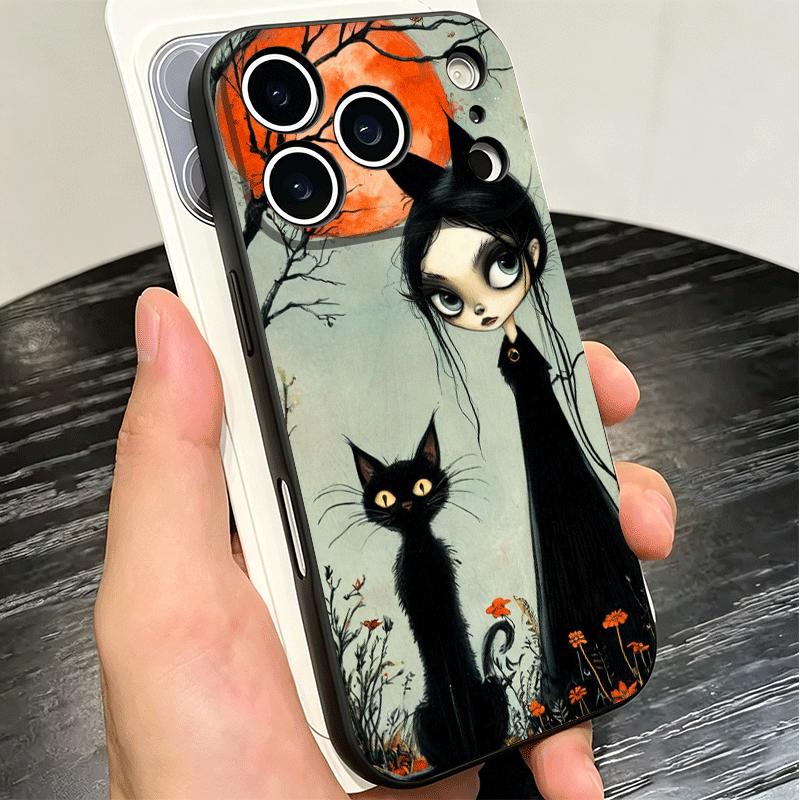 Эстетика Черной Кошки-Ведьмы Мягкий Чехол для Телефона для iPhone 16 16E 17 Air 15 Pro Max 14 Plus 13 Mini 11 12 7 Черная Защитная Крышка Задняя Панель