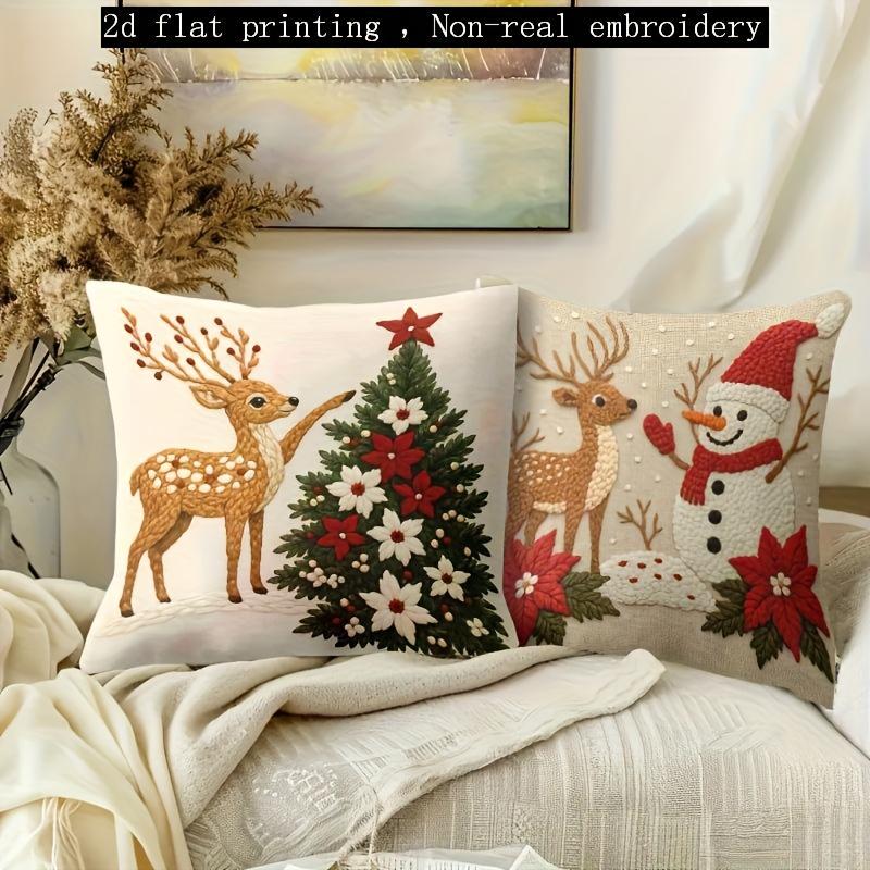 4Pcs 2D Flat Print Christmas Pillow Covers,Vibrant Holiday Design,Soft Polyester Zippered Washable For Living Room Outdoor Decor