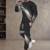 Men Plus Size Printed Two Piece Set Round Neck Long Sleeve Top Cuffed Pants