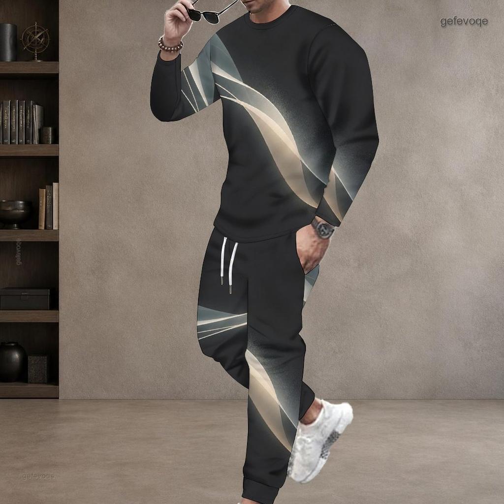 Men Plus Size Printed Two Piece Set Round Neck Long Sleeve Top Cuffed Pants