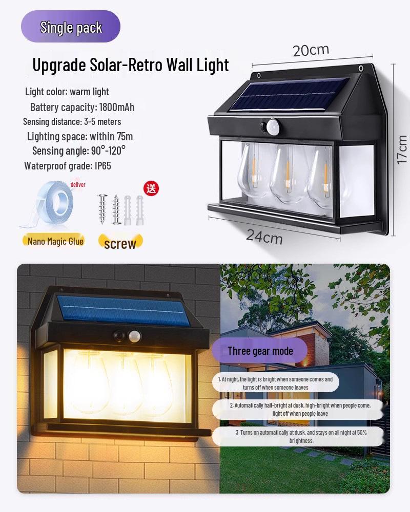Солнечный уличный водонепроницаемый настенный светильник для двора, входа на виллу и садового патио