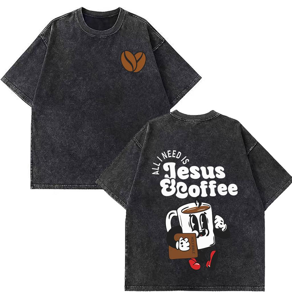 Funny Jesus Coffee Meme T-shirt Men Women Fashion T Shirt Short-sleeved Loose Casual Cotton Hip-hop Vintage Washed T-shirts Tops