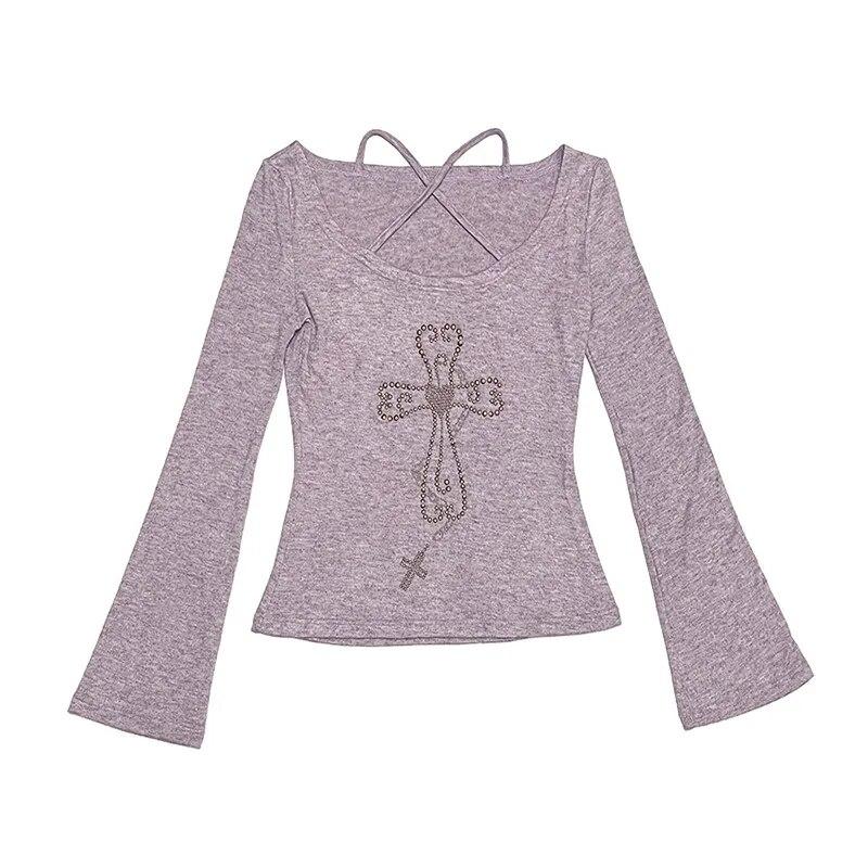 2KWEIRD Japanese Y2k Knitted Tops Grunge Aesthetics Flare Sleeve T-shirts Vintage Harajuku Purple Knitwear American Retro 2000s