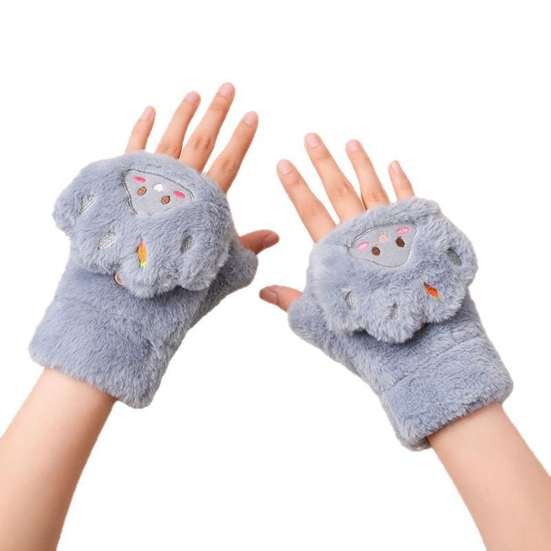 Warm Fleece Lined Touchscreen Gloves Women Winter Cartoon Plush Mittens With Flip Top Cuff