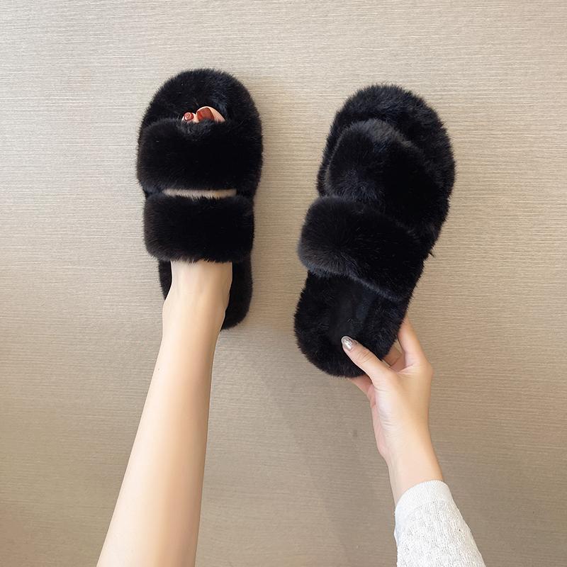 Fashion NEW Design Women Winter House Furry Slippers Women Cross Fluffy Fur Home Slides Flat Indoor Floor Shoes Ladies 2024