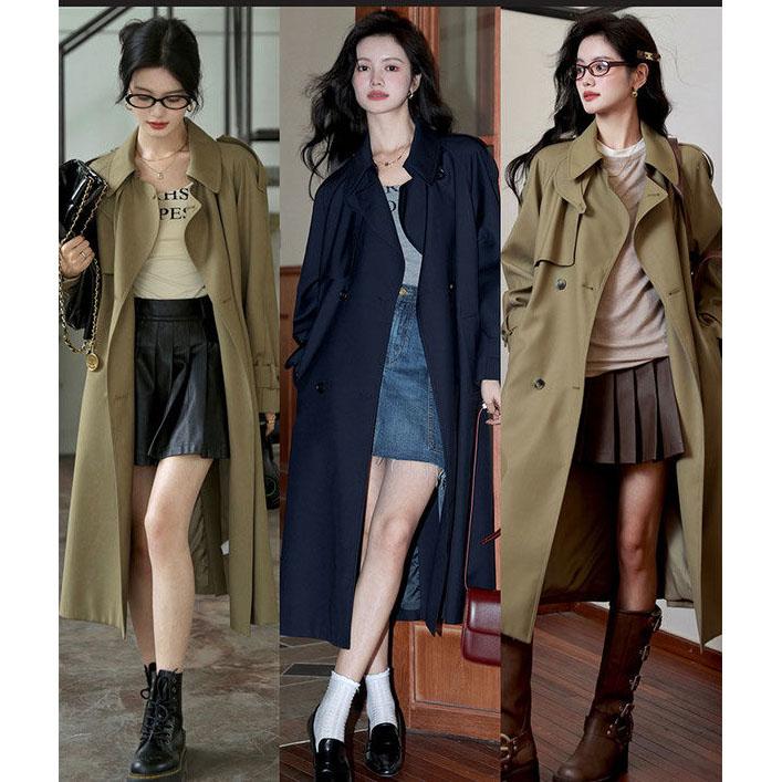 Plus Size Spring Autumn Long Elegant Chic Trench Coat for Women Drawstring Waist Double Breasted Jacket