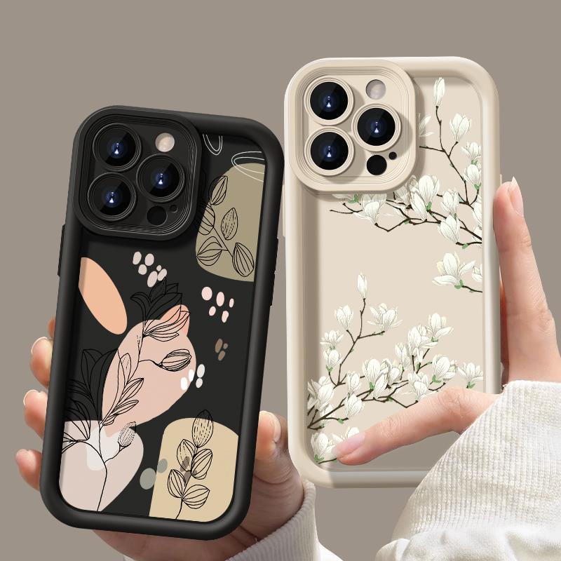 White Magnolia Pattern Phone Case For iPhone 16 15 14 Pro Max 15 16 Plus 12 13 Pro 11 16E Candy Color Shockproof Silicone Cover