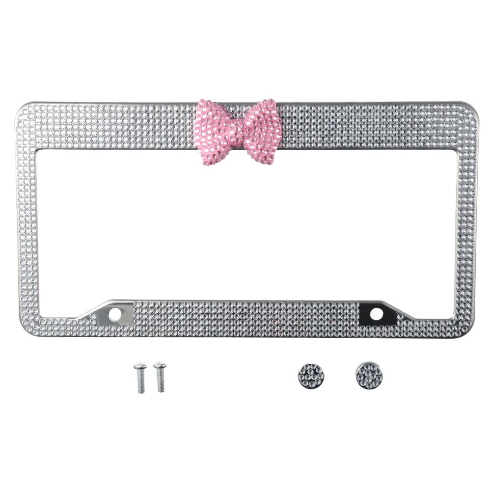 2 Pack Pink,White Bling License Plate Frame License Bracket Holder  for US Vehicle