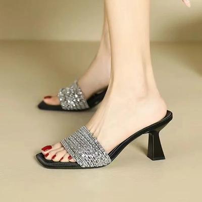 Модная женская обувь 2024 года, новые женские тапочки с квадратным носком, летние открытые однотонные сексуальные платья на шпильках или тонких каблуках, тапочки больших размеров