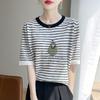 Классическая полосатая футболка с контрастными цветами, женская, с круглым вырезом, с бамбуковым узором, тонкая, с коротким рукавом, летняя, новая, с вышивкой, жаккардовый дизайн