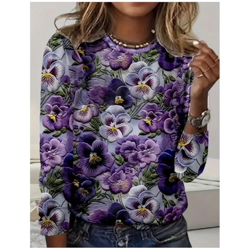 New Women Long Sleeved Round Neck Pullover T-shirt Top with Elegant and Fashionable Floral Print Casual Style T-shirt for Women
