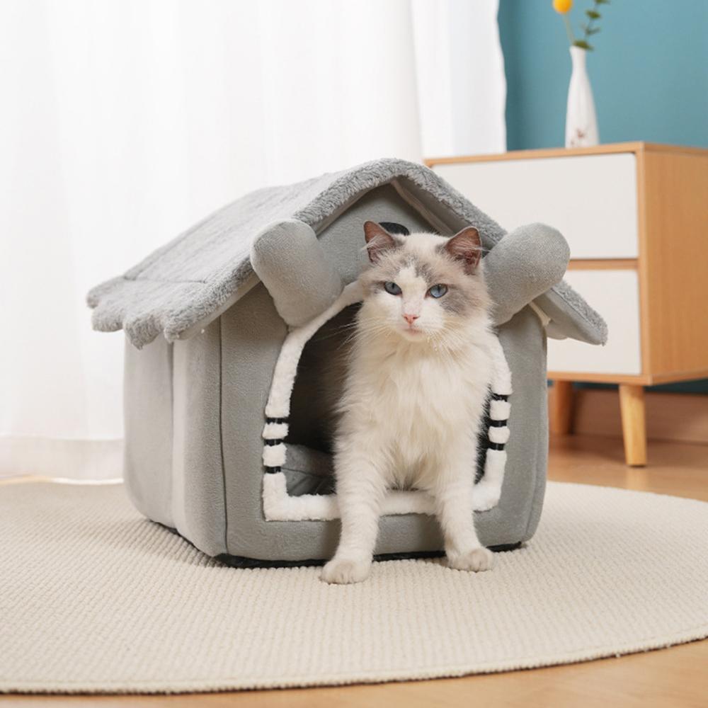 Maison pour chat détachable gris, Semi-fermée, nid universel quatre saisons pour animaux de compagnie, petit abri pour animaux