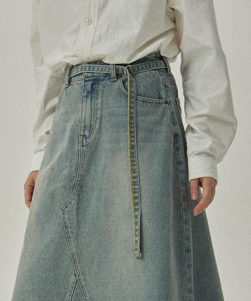 Mc Wood Gun Lon As 7996 Belted Fadewash Light Indigo Denim Long Skirt