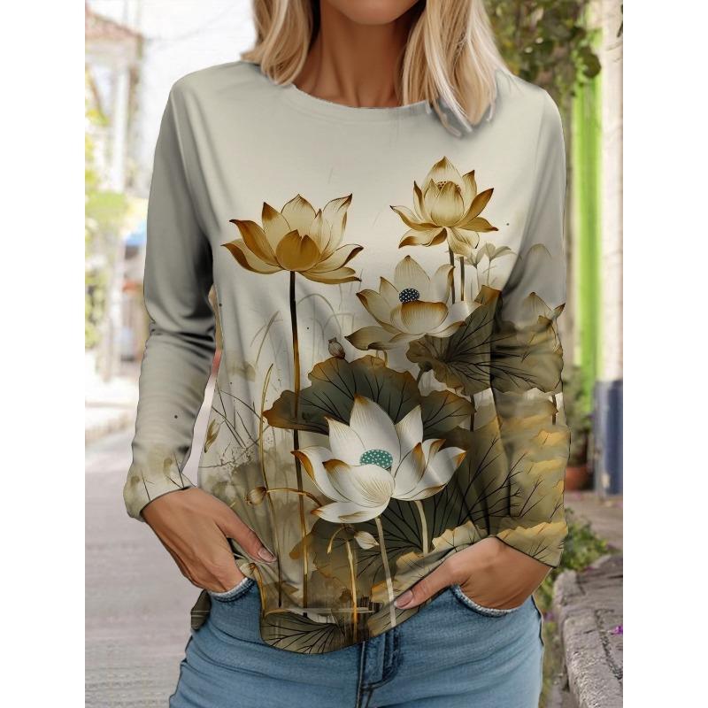2024 Женская мода ретро топы с длинным рукавом круглый вырез пуловер повседневная 3D принт лотоса принт футболка