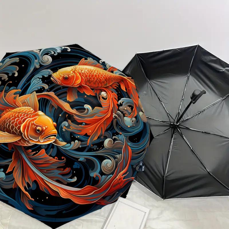 1pc Koi Fish Swimming in Water Waves Umbrella with Plastic Handle,Suitable for All Seasons Home Travel Outdoor UmbrellaDD1223