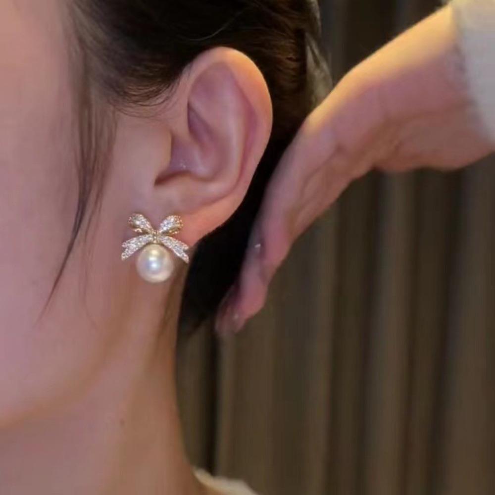 Jewelry Accessories Bow Pearl Ear Studs Light Luxury Bow Pearl Ear Hook Bow Pearl Earrings  Gifts