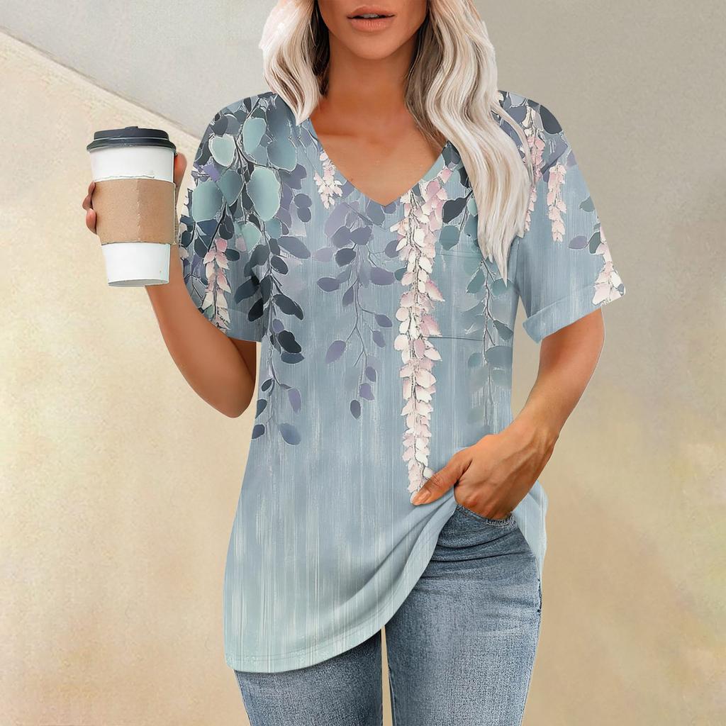 Women's Fashion Pocket V-neck Short Sleeve Plant Floral Print T-shirt Top